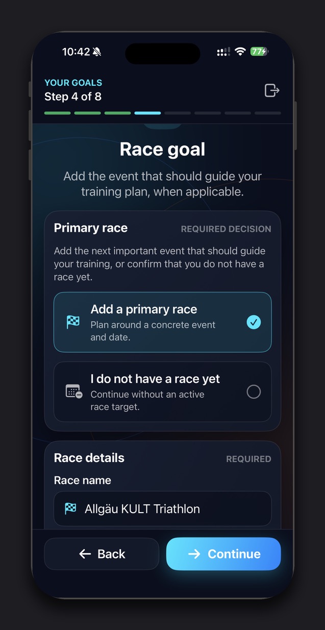Kestivo onboarding race goal screen with options to add a primary race or continue without a race target.