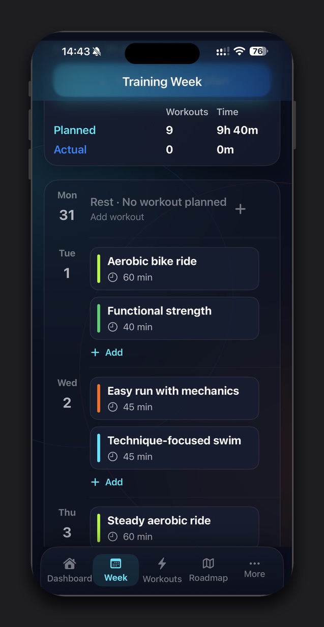 Kestivo Training Week showing planned workouts across the week, including bike, strength, run and swim sessions.