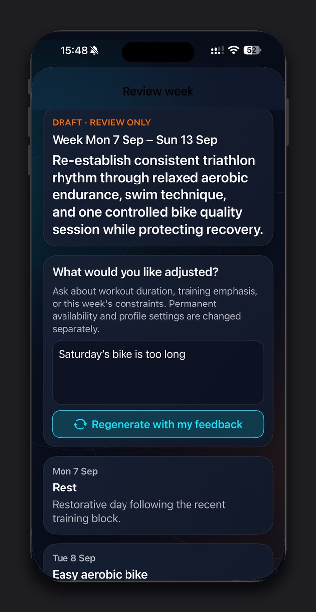 Kestivo Review Week screen with athlete feedback saying Saturday's bike is too long and a Regenerate with my feedback button.