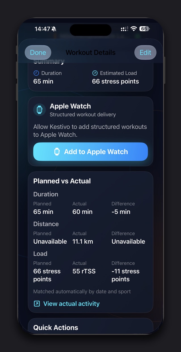 Kestivo Workout Details showing Add to Apple Watch and Planned vs Actual duration and load comparison.