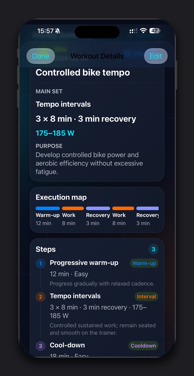 Kestivo Workout Details showing controlled bike tempo, three by eight minute tempo intervals, 175 to 185 watt target and an execution map.