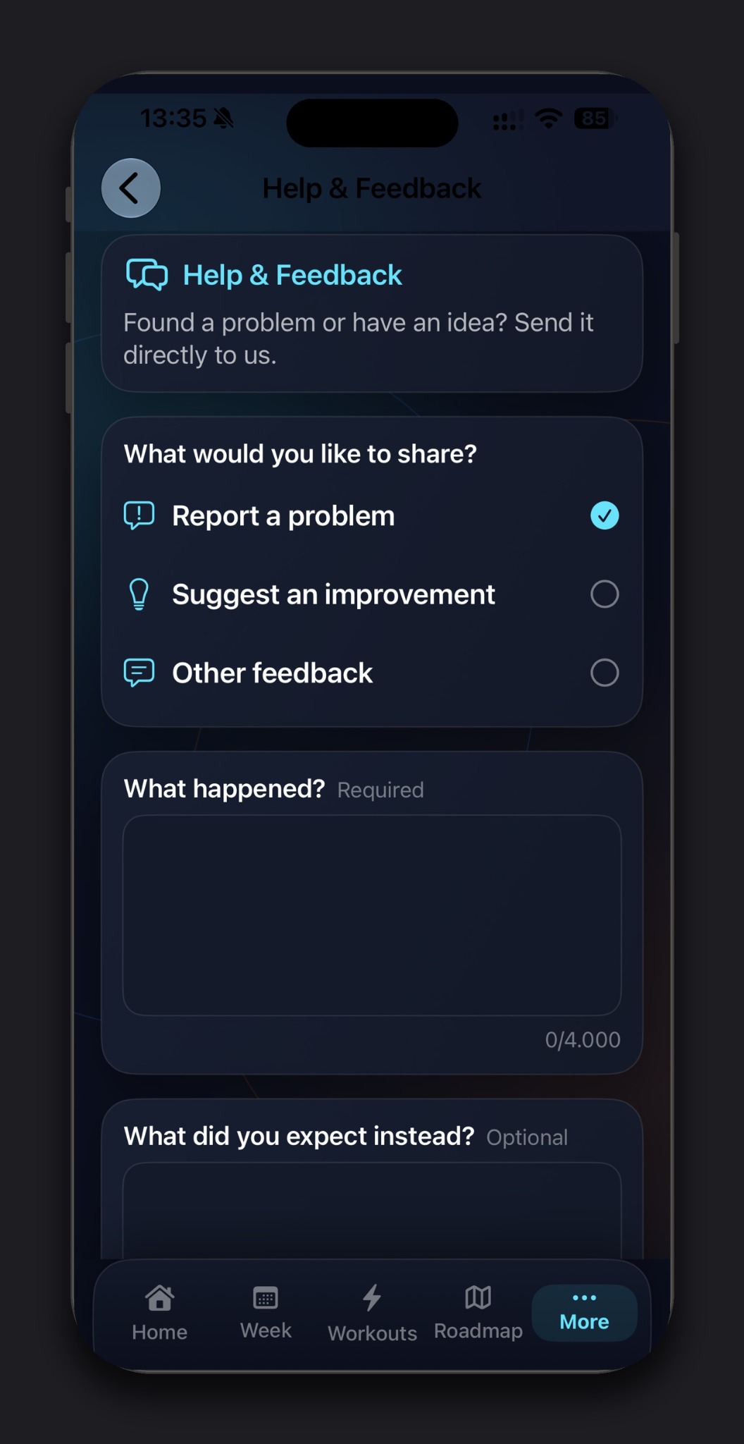 Kestivo Help and Feedback screen allowing beta testers to report a problem, suggest an improvement, or send other feedback.
