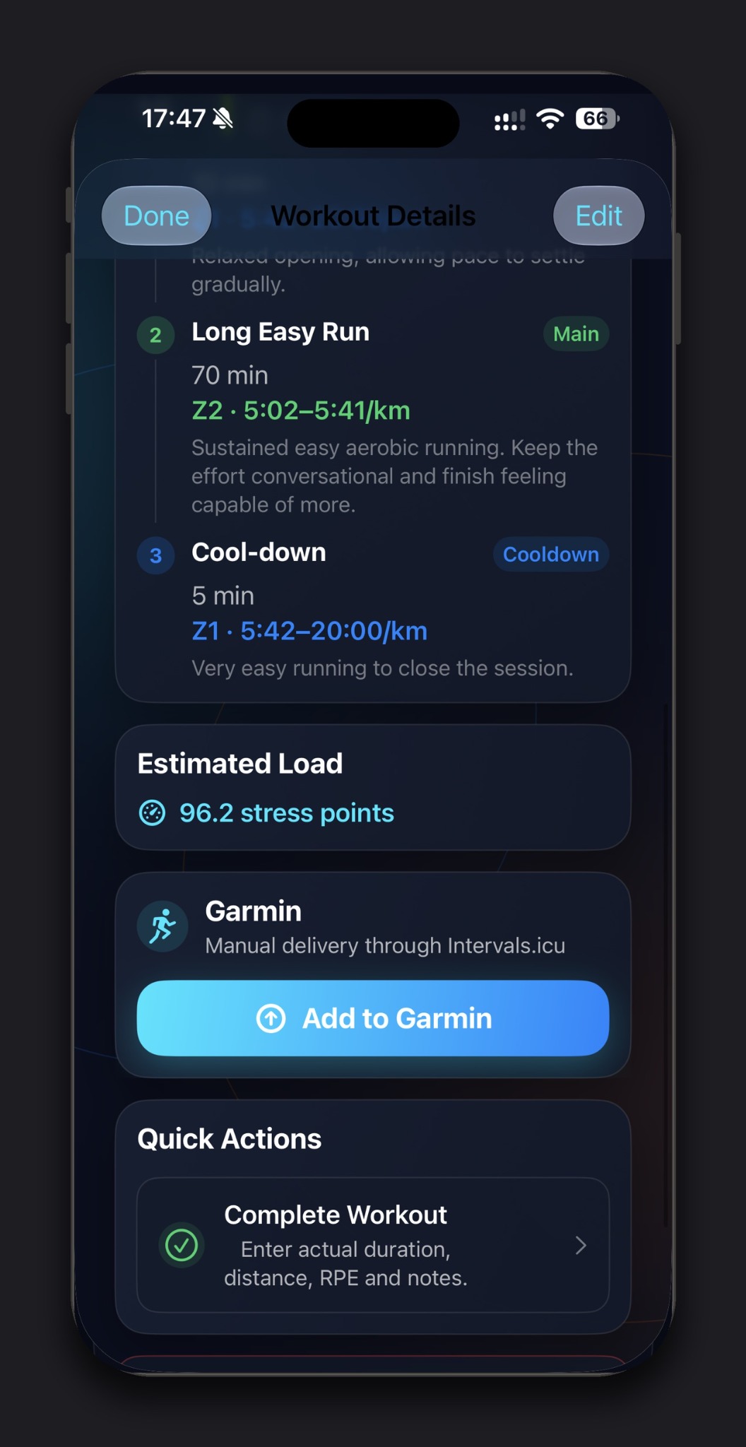 Kestivo Workout Details showing a structured Long Easy Run with estimated load and the Add to Garmin action through Intervals.icu.