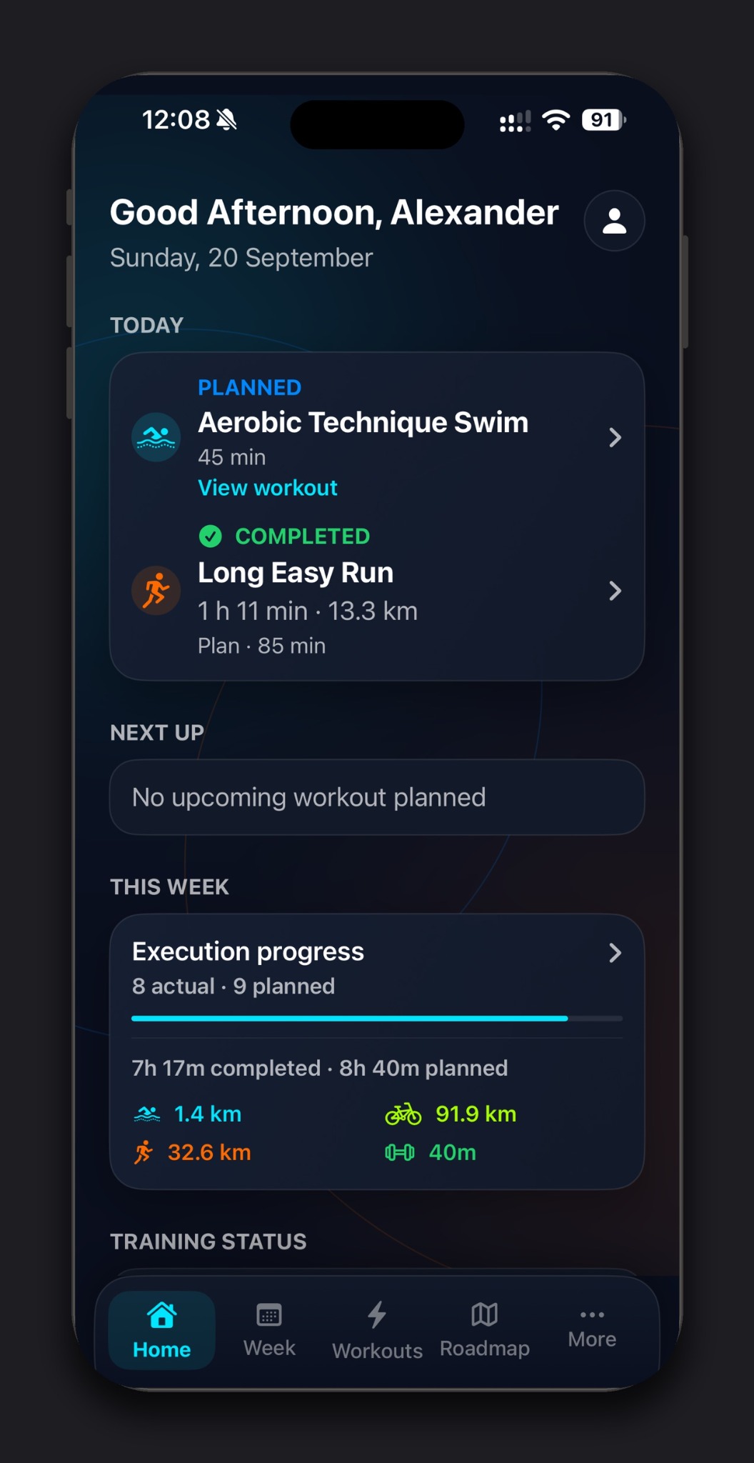 Kestivo Home screen showing today's planned and completed workouts, weekly execution progress, and training status.